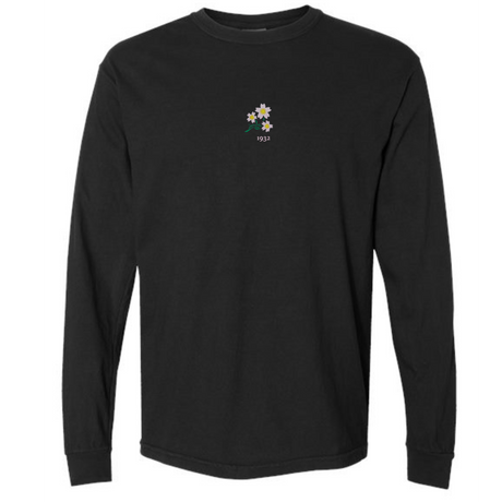 The EMB S&S Activewear Japan Vintage Long Sleeve Comfort Tee features a subtle floral graphic and "1932" text on the upper chest, capturing classic Japanese vintage style.