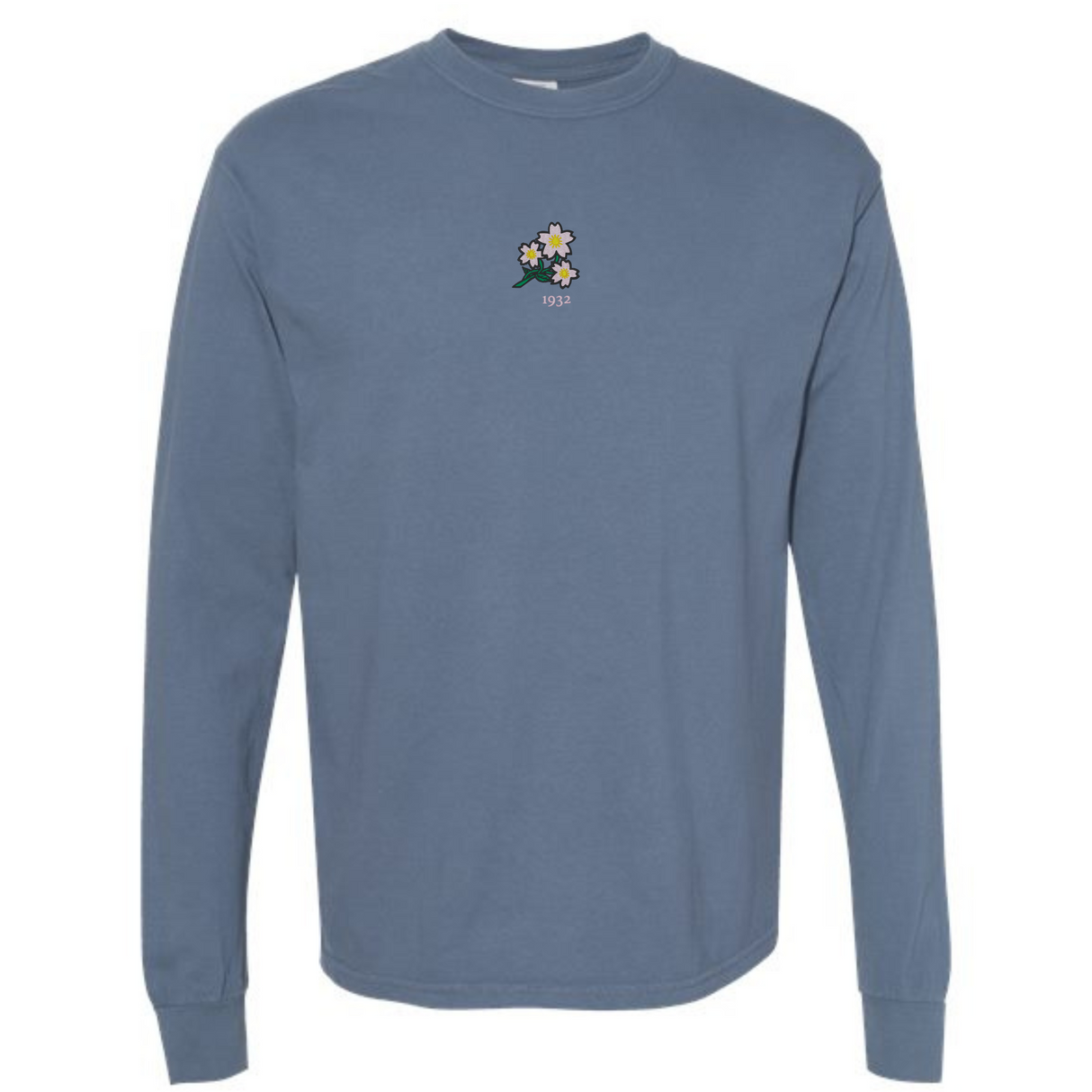 The EMB S&S Activewear Japan Vintage Long Sleeve Comfort Tee features a small floral chest graphic with "1993" text, inspired by classic Japan Vintage style.