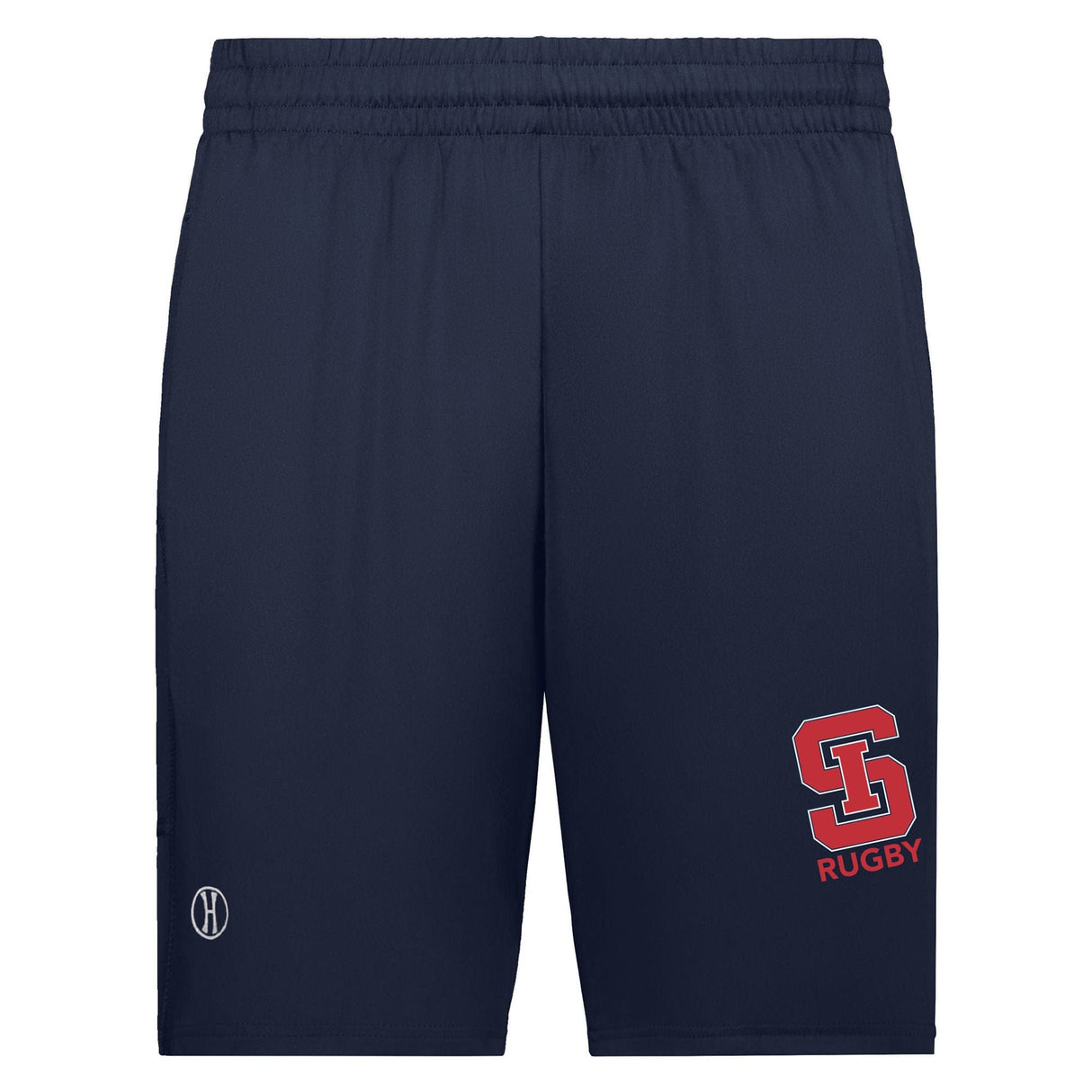 The navy workout shorts with the WRS Augusta logo on them are designed with moisture-wicking technology.