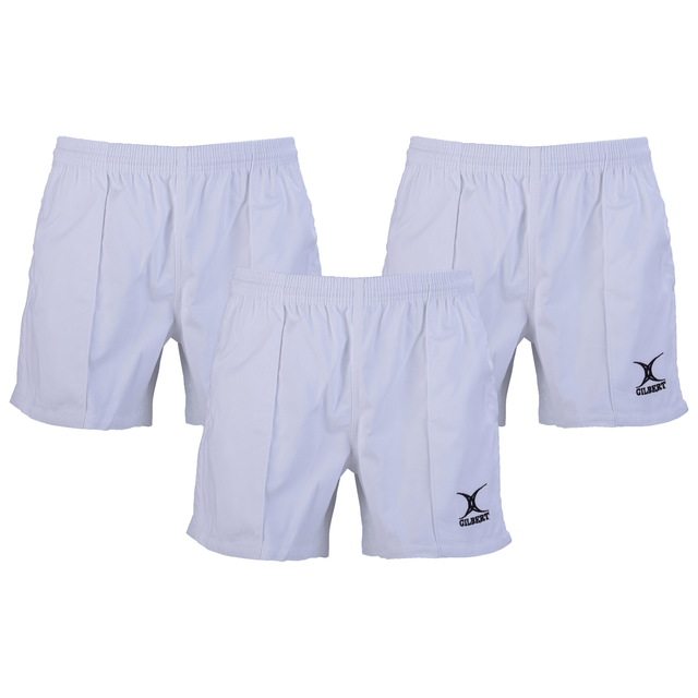 The Bundle Gilbert Kiwi Pro Short 3-Pack includes white sports shorts, each with an elastic waistband, a black logo on the front left, and reinforced side pockets. They're crafted from durable cotton twill for added convenience.