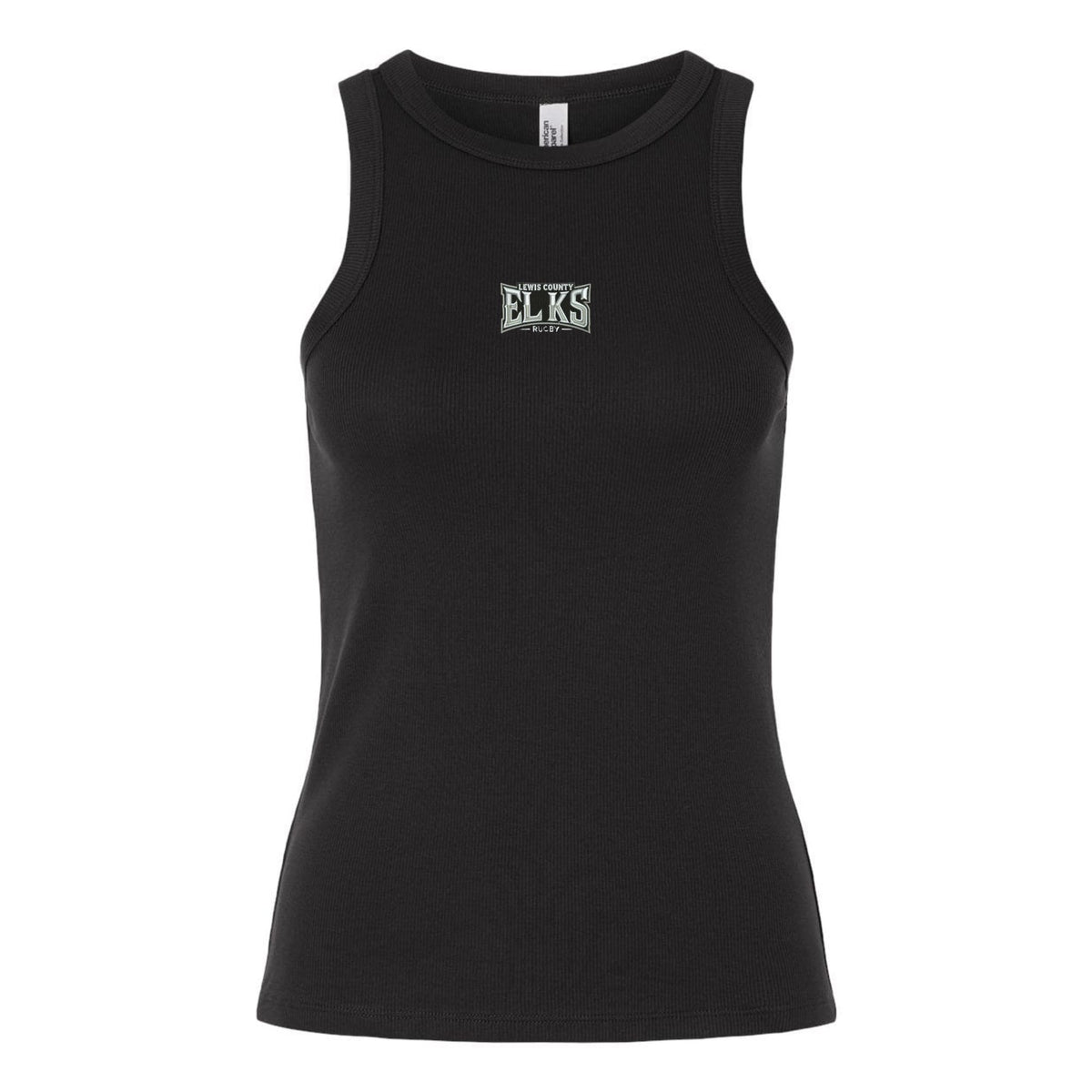 The Lewis County Elks Women’s Baby Rib Tank by EMB S&S Activewear is a black, sleeveless tank top featuring “Elks” and “High Point” printed in white on the chest, designed in a classic style with a flattering stretch-fit.
