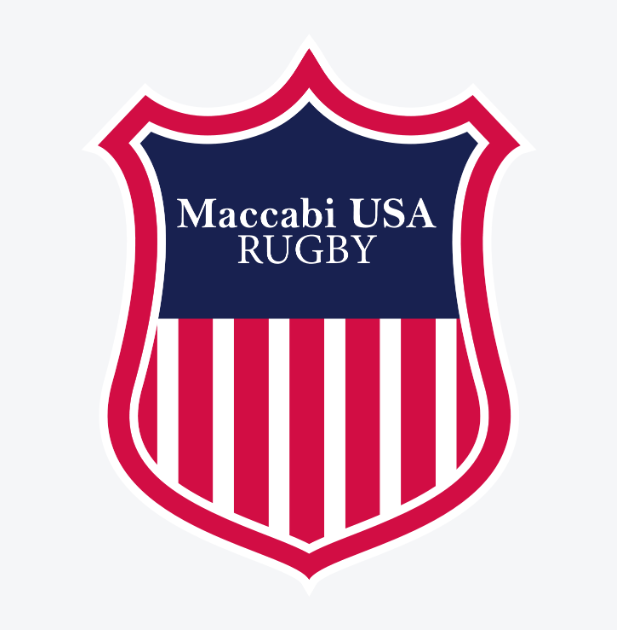 The Maccabi USA EMB logo by EMB Threads is shield-shaped, showcasing a red and white striped bottom and a blue top with "Maccabi USA RUGBY" in white text.