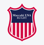 The Maccabi USA EMB logo by EMB Threads is shield-shaped, showcasing a red and white striped bottom and a blue top with "Maccabi USA RUGBY" in white text.