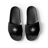 A pair of Rugby Canada Men’s slides with a white logo of PF LIC on them.