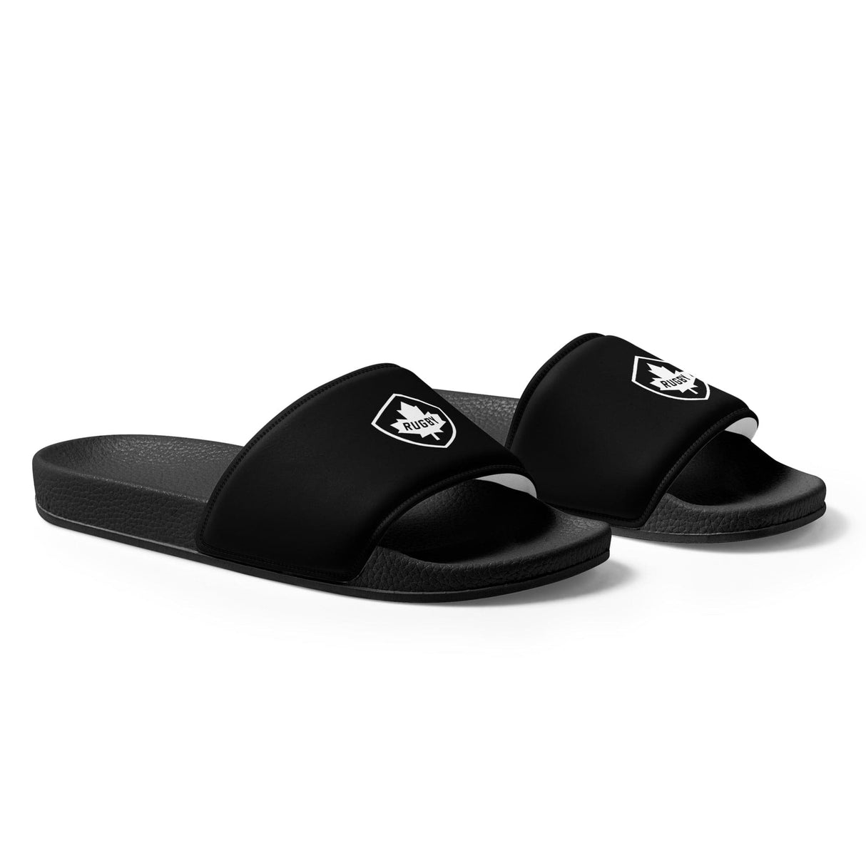 A pair of black Rugby Canada Men's slides with a PF LIC logo on them.