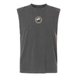 EMB S&S Activewear’s Society of Iowa Rugby Referees Unisex Heavyweight Cotton Garment-Dyed Mid-Length Muscle Tee features a boxy, sleeveless dark gray design crafted for lasting comfort. A small circular logo adorned with pink flowers and green leaves is centered on the chest, offering a versatile garment-dyed style suitable for anyone.