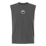 EMB S&S Activewear’s Society of Iowa Rugby Referees Unisex Heavyweight Cotton Garment-Dyed Mid-Length Muscle Tee features a boxy, sleeveless dark gray design crafted for lasting comfort. A small circular logo adorned with pink flowers and green leaves is centered on the chest, offering a versatile garment-dyed style suitable for anyone.