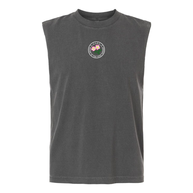 EMB S&S Activewear’s Society of Iowa Rugby Referees Unisex Heavyweight Cotton Garment-Dyed Mid-Length Muscle Tee features a boxy, sleeveless dark gray design crafted for lasting comfort. A small circular logo adorned with pink flowers and green leaves is centered on the chest, offering a versatile garment-dyed style suitable for anyone.