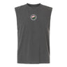 EMB S&S Activewear’s Society of Iowa Rugby Referees Unisex Heavyweight Cotton Garment-Dyed Mid-Length Muscle Tee features a boxy, sleeveless dark gray design crafted for lasting comfort. A small circular logo adorned with pink flowers and green leaves is centered on the chest, offering a versatile garment-dyed style suitable for anyone.