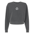 The Missoula All-Maggots Women’s Garment-Dyed Mid-Length Crewneck Sweatshirt by EMB S&S Activewear is a charcoal gray, long-sleeve heavyweight fleece sweatshirt with a cropped design and features a small white circular graphic at the center of the chest.