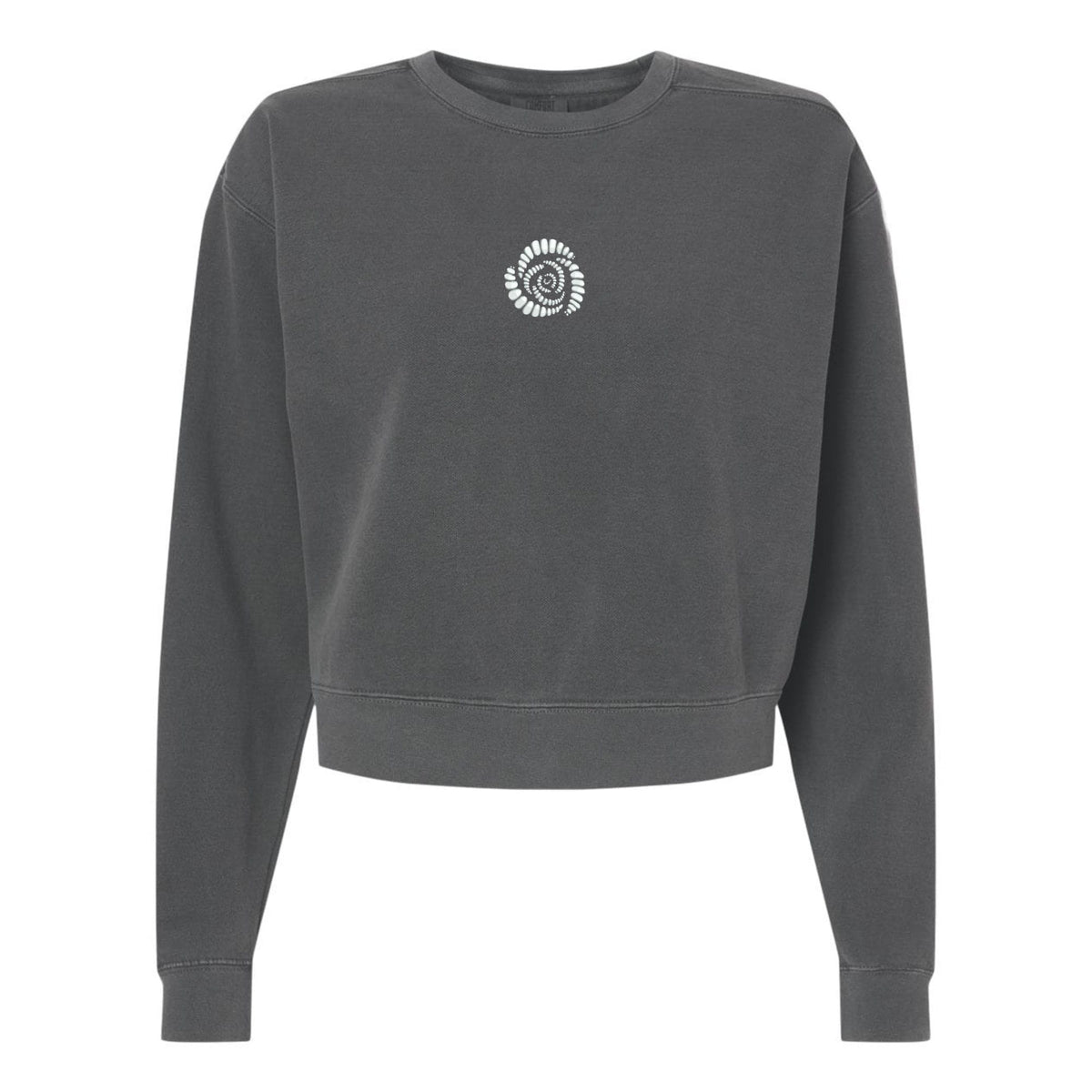 The Missoula All-Maggots Women’s Garment-Dyed Mid-Length Crewneck Sweatshirt by EMB S&S Activewear is a charcoal gray, long-sleeve heavyweight fleece sweatshirt with a cropped design and features a small white circular graphic at the center of the chest.
