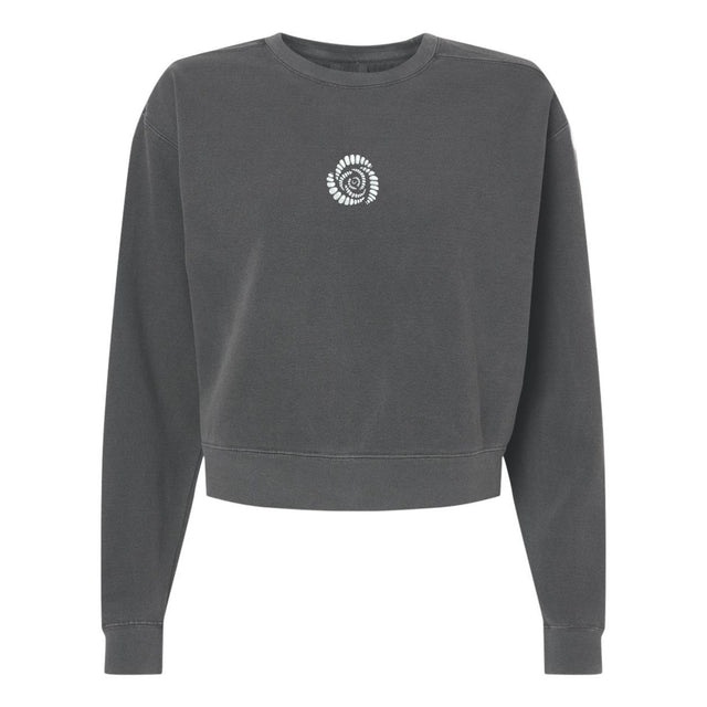 The Missoula All-Maggots Women’s Garment-Dyed Mid-Length Crewneck Sweatshirt by EMB S&S Activewear is a charcoal gray, long-sleeve heavyweight fleece sweatshirt with a cropped design and features a small white circular graphic at the center of the chest.