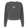 The Missoula All-Maggots Women’s Garment-Dyed Mid-Length Crewneck Sweatshirt by EMB S&S Activewear is a charcoal gray, long-sleeve heavyweight fleece sweatshirt with a cropped design and features a small white circular graphic at the center of the chest.