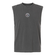 The Mudsock Rugby Club Unisex Muscle Tee by EMB S&S Activewear is a sleeveless dark gray heavyweight cotton top with a small circular logo and graphic at the center chest.