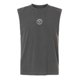 The Mudsock Rugby Club Unisex Muscle Tee by EMB S&S Activewear is a sleeveless dark gray heavyweight cotton top with a small circular logo and graphic at the center chest.