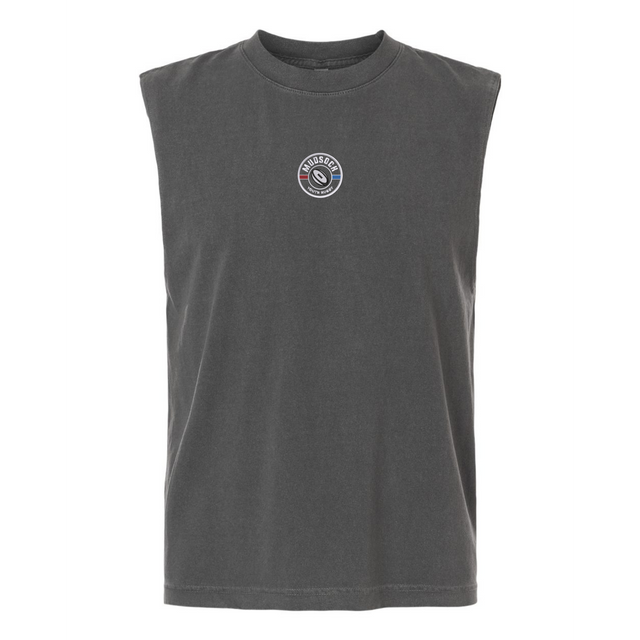 The Mudsock Rugby Club Unisex Muscle Tee by EMB S&S Activewear is a sleeveless dark gray heavyweight cotton top with a small circular logo and graphic at the center chest.