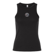 The Women's Mudsock Rugby Club Baby Rib Tank by EMB S&S Activewear is a black sleeveless fitted workout top featuring a small circular "MindSport" eye logo embroidered on the chest.