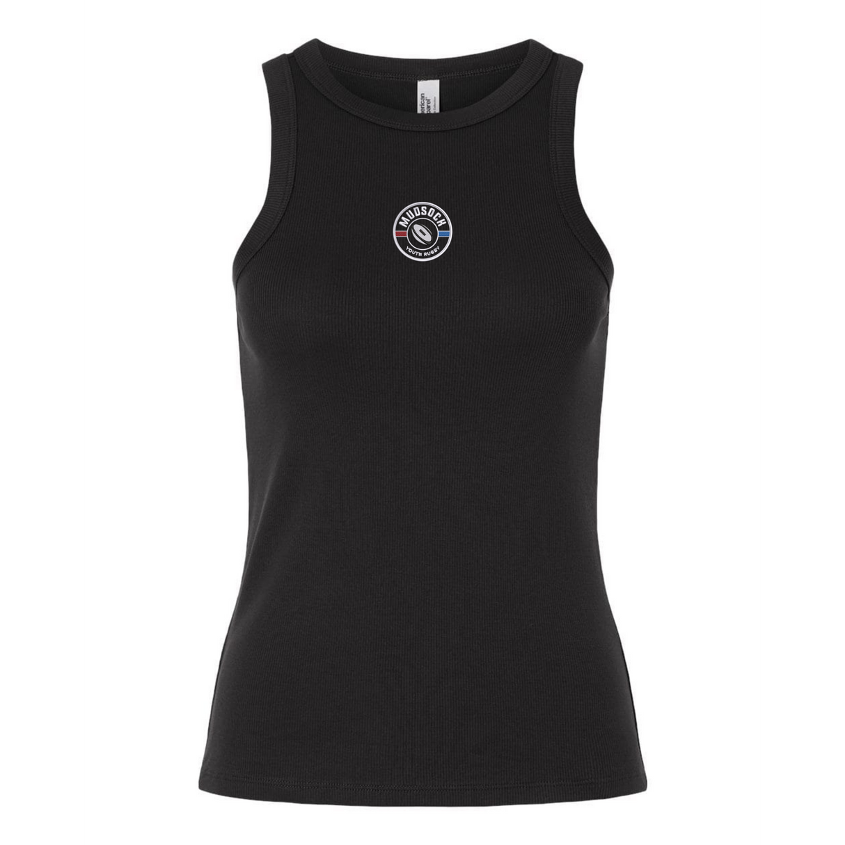 The Women's Mudsock Rugby Club Baby Rib Tank by EMB S&S Activewear is a black sleeveless fitted workout top featuring a small circular "MindSport" eye logo embroidered on the chest.