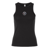 The Women's Mudsock Rugby Club Baby Rib Tank by EMB S&S Activewear is a black sleeveless fitted workout top featuring a small circular "MindSport" eye logo embroidered on the chest.