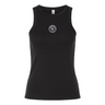 The Women's Mudsock Rugby Club Baby Rib Tank by EMB S&S Activewear is a black sleeveless fitted workout top featuring a small circular "MindSport" eye logo embroidered on the chest.