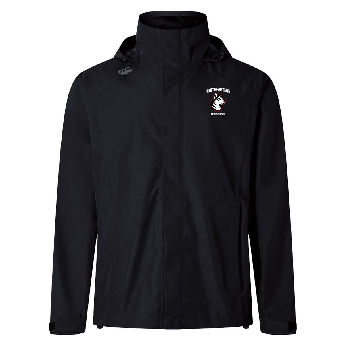 The Northeastern Men's Rugby Elite Storm Jacket by EMB Canterbury features a black hood, "Northeastern Men's Rugby," and a husky logo on the left chest, shown against a plain white background.