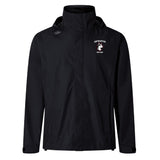 The Northeastern Men's Rugby Elite Storm Jacket by EMB Canterbury features a black hood, "Northeastern Men's Rugby," and a husky logo on the left chest, shown against a plain white background.