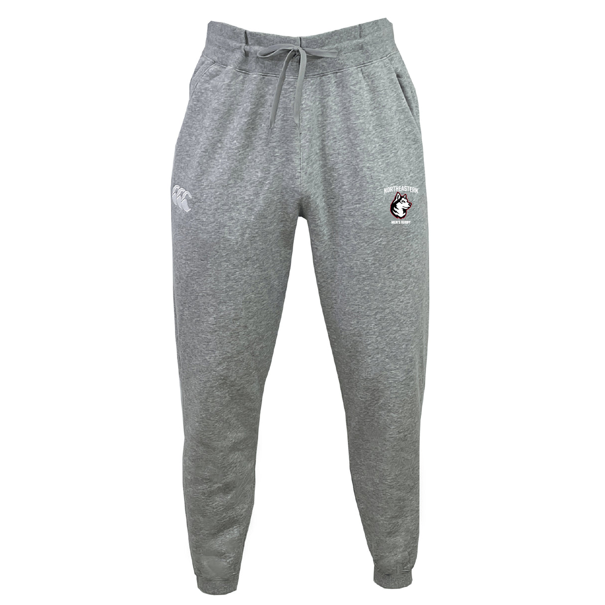 The Twin Island Rugby Leisure Sweatpant by EMB Canterbury features gray organic cotton, an elastic waistband with drawstring, and two embroidered logos on the left and right thigh.