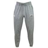 The Twin Island Rugby Leisure Sweatpant by EMB Canterbury features gray organic cotton, an elastic waistband with drawstring, and two embroidered logos on the left and right thigh.