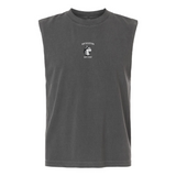 The Northeastern University Rugby Unisex Muscle Tee by EMB S&S Activewear is a sleeveless dark gray top with a small "Northeastern University Rugby" logo and graphic centered on the chest.