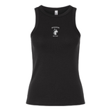 Show your team spirit with the Women's Northeastern University Rugby Baby Rib Tank by EMB S&S Activewear—a black sleeveless top featuring "NORTHEASTERN MEN'S RUGBY" and a bold white husky logo on the chest. Perfect for every supporter.
