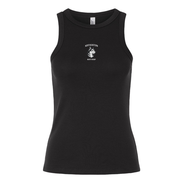 Show your team spirit with the Women's Northeastern University Rugby Baby Rib Tank by EMB S&S Activewear—a black sleeveless top featuring "NORTHEASTERN MEN'S RUGBY" and a bold white husky logo on the chest. Perfect for every supporter.