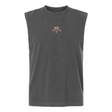 The NOVA Barbarians Rugby Unisex Muscle Tee by EMB S&S Activewear features a dark gray sleeveless design with a centered "NOVA ENGLAND" logo, green, red, and white chest detailing, and is made from heavyweight garment-dyed cotton.