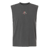 The NOVA Barbarians Rugby Unisex Muscle Tee by EMB S&S Activewear features a dark gray sleeveless design with a centered "NOVA ENGLAND" logo, green, red, and white chest detailing, and is made from heavyweight garment-dyed cotton.