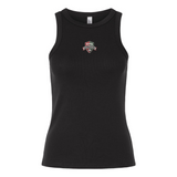 The EMB S&S Activewear Women's NOVA Barbarians Rugby Baby Rib Tank is a black tank with a small chest-center "Nova Insurance" logo—perfect for NOVA Barbarians fans.