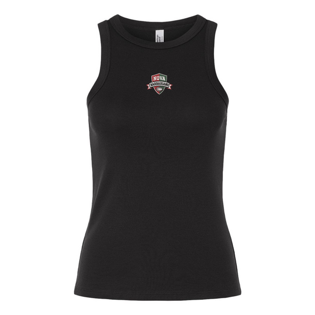 The EMB S&S Activewear Women's NOVA Barbarians Rugby Baby Rib Tank is a black tank with a small chest-center "Nova Insurance" logo—perfect for NOVA Barbarians fans.