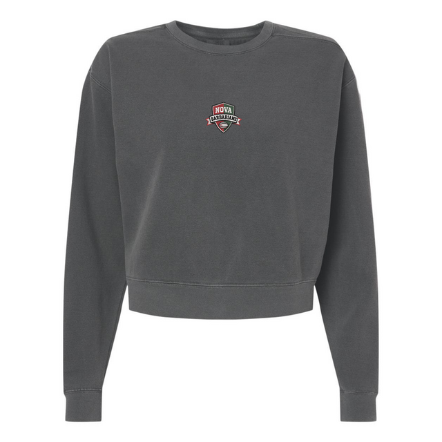 Gray sweatshirt with a logo on the chest against a white background