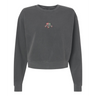 Gray sweatshirt with a logo on the chest against a white background
