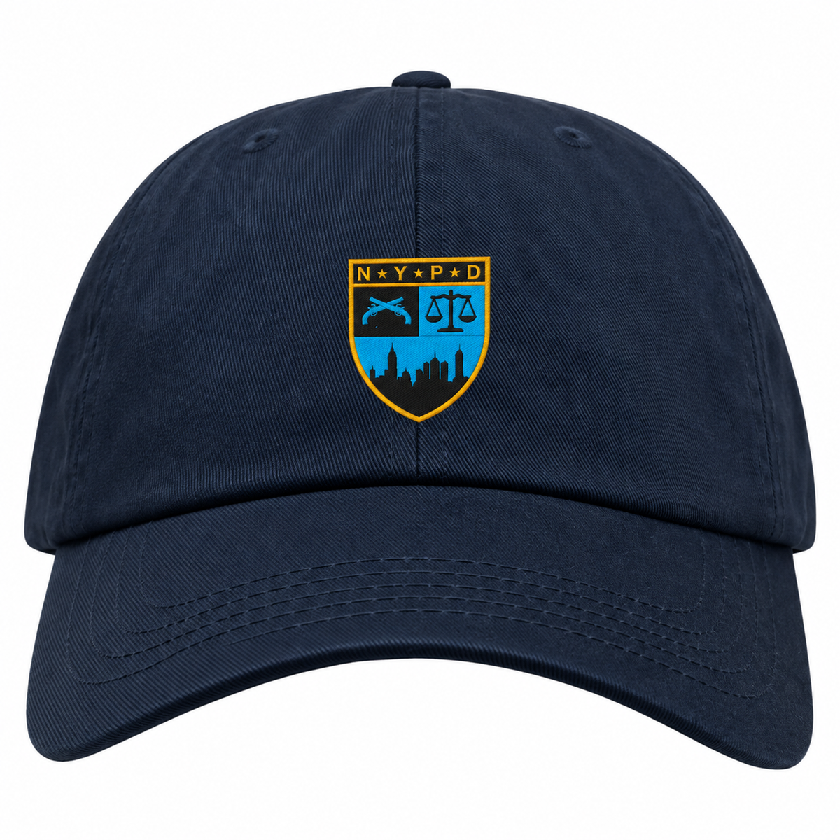 Navy blue cotton twill New York Police Dept. Rugby Adult Low-Profile Cotton Twill Dad Cap featuring an embroidered NYPD shield emblem with a skyline, scales of justice, and crossed revolvers.
