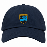 Navy blue cotton twill New York Police Dept. Rugby Adult Low-Profile Cotton Twill Dad Cap featuring an embroidered NYPD shield emblem with a skyline, scales of justice, and crossed revolvers.