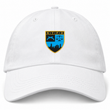 New York Police Dept. Rugby Adult Low-Profile Cotton Twill Dad Cap in white cotton twill with an embroidered NYPD shield emblem featuring pistols, a scale of justice, and a city skyline.