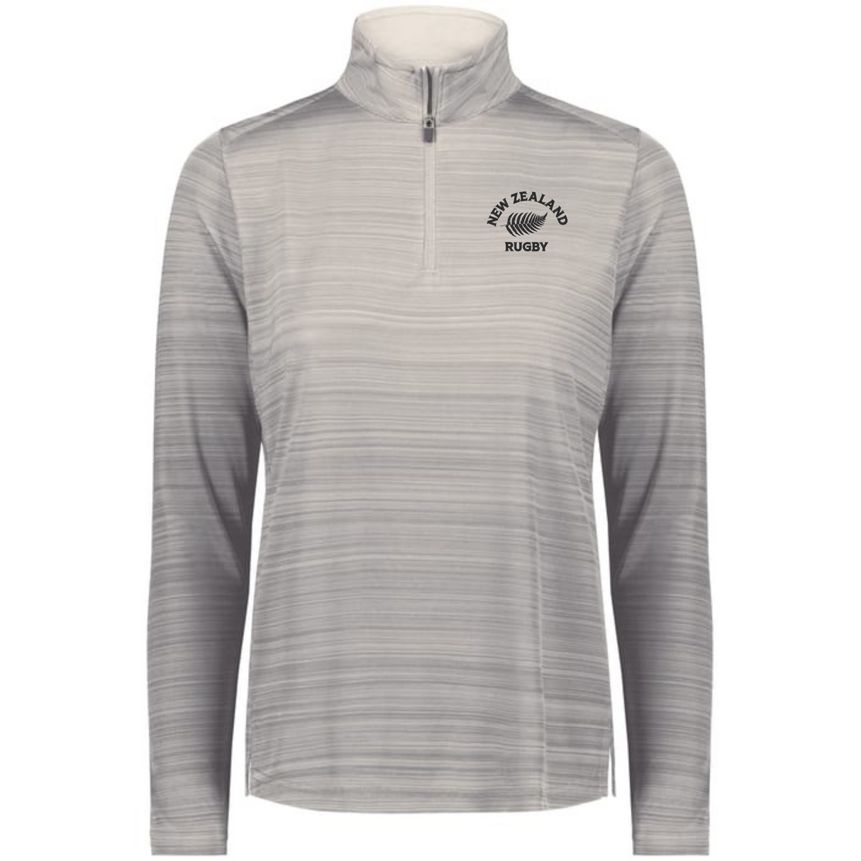 The EMB Augusta Women's Nations of Rugby New Zealand Pursuit 1/4 Zip Pullover features subtle stripes, a "New Zealand Rugby" left chest logo, and moisture-wicking fabric—ideal for athletic wear with classic style.