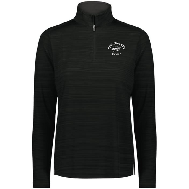 The EMB Augusta Women's Nations of Rugby New Zealand Pursuit 1/4 Zip Pullover in black features "New Zealand Rugby" and a silver fern logo, offering fans stylish, moisture-wicking comfort.