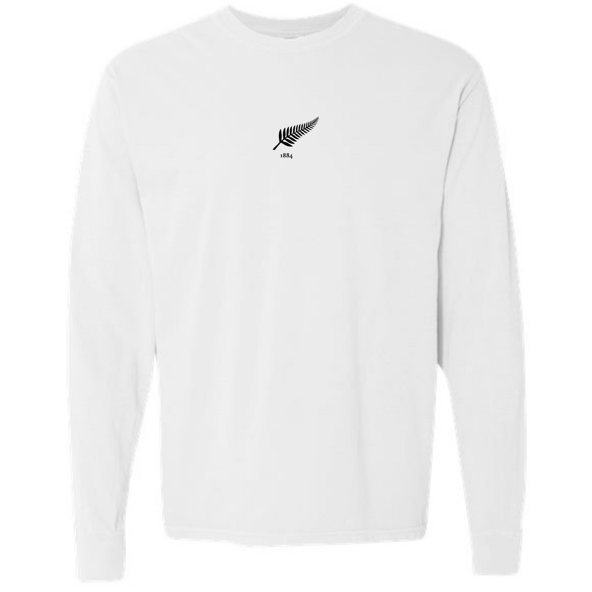 The New Zealand Vintage Long Sleeve Comfort Tee by EMB S&S Activewear features a small black fern leaf and "1840" text centered on the chest, inspired by New Zealand heritage.
