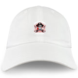 The Castle Rock Pirates Rugby Adult Low-Profile Cotton Twill Dad Cap by EMB S&S Activewear features a white design with a small skull and crossbones pirate emblem, detailed with red accents, embroidered at the front center.