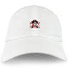 The Castle Rock Pirates Rugby Adult Low-Profile Cotton Twill Dad Cap by EMB S&S Activewear features a white design with a small skull and crossbones pirate emblem, detailed with red accents, embroidered at the front center.