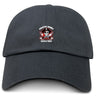The Castle Rock Pirates Rugby Adult Low-Profile Cotton Twill Dad Cap by EMB S&S Activewear features a black design with an embroidered "Pirates Rugby Castle Rock" skull, crossed rugby balls, and red wings—ideal for fans seeking style.