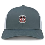 The Castle Rock Pirates Rugby Retro Trucker Cap by EMB S&S Activewear features a gray and white design with an embroidered skull, crossbones, rugby balls, and “Pirates Rugby Castle Rock” logo. Classic snapback closure ensures adjustable comfort.