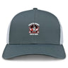 The Castle Rock Pirates Rugby Retro Trucker Cap by EMB S&S Activewear features a gray and white design with an embroidered skull, crossbones, rugby balls, and “Pirates Rugby Castle Rock” logo. Classic snapback closure ensures adjustable comfort.
