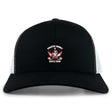 The Castle Rock Pirates Rugby Retro Trucker Cap by EMB S&S Activewear features a black and white design, front skull and crossed swords embroidery, "Pirates Rugby Castle Rock" text, and a snapback closure.