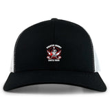 The Castle Rock Pirates Rugby Retro Trucker Cap by EMB S&S Activewear features a black and white design, front skull and crossed swords embroidery, "Pirates Rugby Castle Rock" text, and a snapback closure.